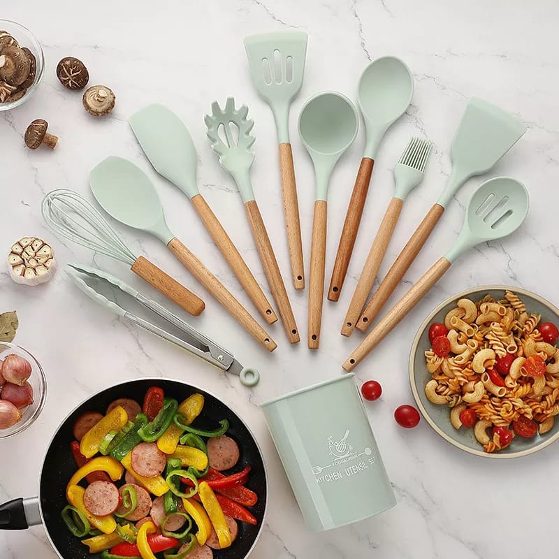 12-Piece Premium Silicone Cooking Utensils Set with Wooden Handles – Heat Resistant Non-Stick Kitchen Tools Kit Including Spatula, Turner, Spoon, Tongs, Whisk & Brush