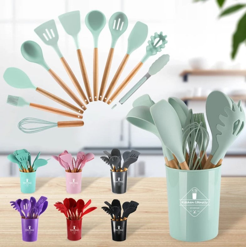 12-Piece Premium Silicone Cooking Utensils Set with Wooden Handles – Heat Resistant Non-Stick Kitchen Tools Kit Including Spatula, Turner, Spoon, Tongs, Whisk & Brush