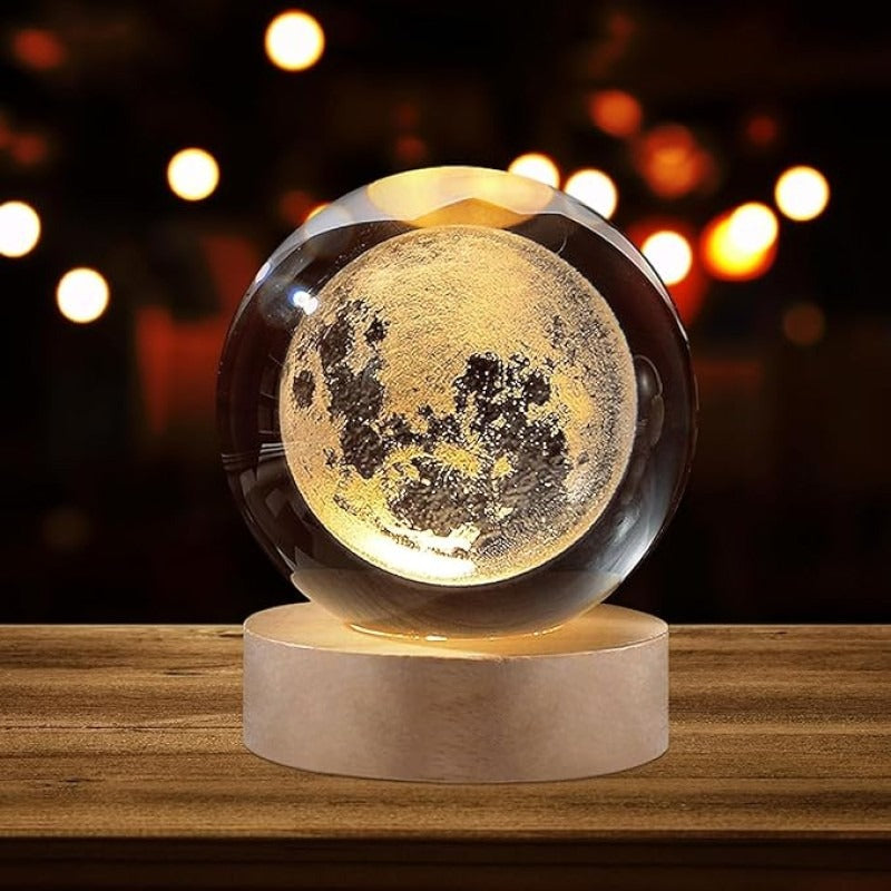 3D Galaxy Crystal Ball Lamp with Wooden LED Base – Moon Crystal Ball Night Light for Bedroom, Home & Office Decor